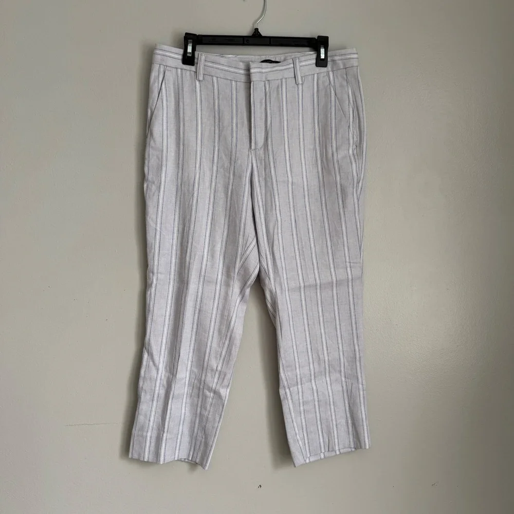 Banana Republic Avery Striped‎ Linen Blend Ankle Pants Grey Blue Womens 12P